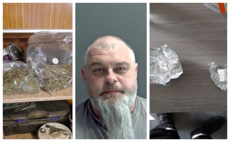 colin final - News for Peterborough and Cambridgeshire News for Peterborough and Cambridgeshire - Custody photo of Colin Day of Chatteris and some of the drugs found at his home. Officers conducted a warrant at the property in Hilda Clarke Close, Chatteris, at about 1pm on 25 March 2022