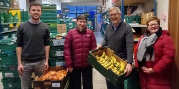 Local councillors, Alice Gilderdale and Rachel Wade, visiting the Cambridge City Foodbank warehouse. ‘The visit gave us a chance to talk about the rising need for food banks, tackling poverty, and the introduction of our Fairbite Food Clubs,” says a foodbank spokesperson