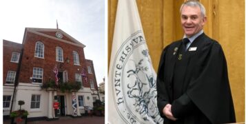 Huntingdon Town Council offices (left) are located in the Town Hall on the Market Square, Huntingdon. Right: Cllr Brian Luckham, chair of the finance committee.
