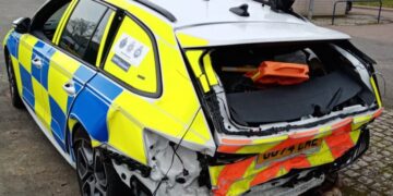 A police Skoda Octavia has been written off following a crash on the M11 just over the Cambridgeshire border.