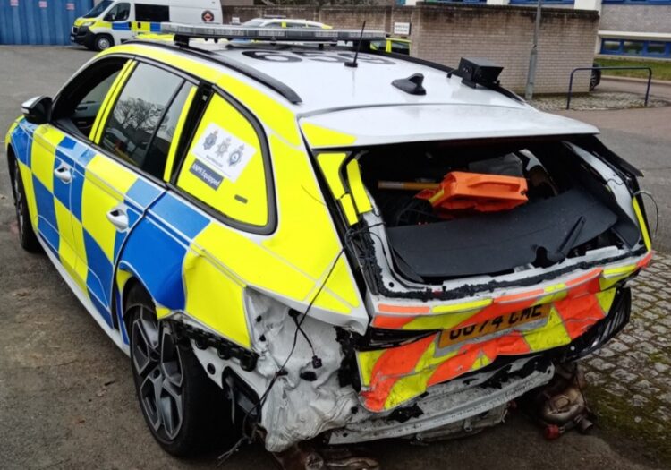 damage 4 - News for Peterborough and Cambridgeshire News for Peterborough and Cambridgeshire - A police Skoda Octavia has been written off following a crash on the M11 just over the Cambridgeshire border.