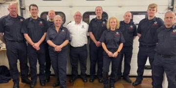 Russell Gooderham’s career was celebrated at a retirement party held at the station, where he was presented with a firefighter figurine by Chief Fire Officer Matthew Warren, as well as a mounted silver axe by the crew.