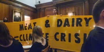 During the formal dinner at Selwyn College, Cambridge, last night students disrupted proceedings “over the college’s poor record on sustainability. The action intended to highlight the need for 100% plant-based menus in response to the climate crisis”