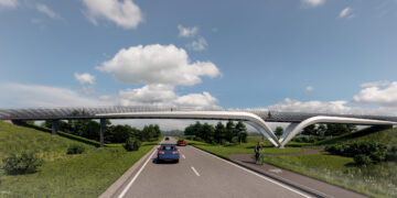 New pedestrian, cycle and equestrian steel bridge over the A10 at Waterbeach measures 90 metres in length and weighs 150 tonnes; it has been designed ‘to reflect the heritage of Waterbeach, with gentle slope and vegetated embankments, providing safe and accessible crossing’