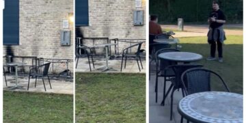 Above: Screenshots of the damage caused by arsonists to chairs outside Wisbech Park café alongside a photo of the chairs yesterday during the afternoon