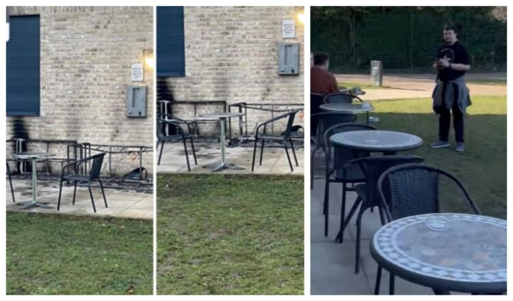 News for Peterborough and Cambridgeshire - Above: Screenshots of the damage caused by arsonists to chairs outside Wisbech Park café alongside a photo of the chairs yesterday during the afternoon