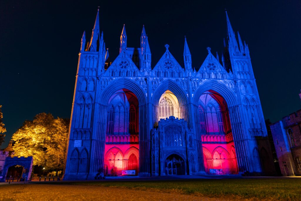 Peterborough Remembers VE Day 80 Cathedral Turned redwhite and blue - News for Peterborough and Cambridgeshire News for Peterborough and Cambridgeshire -