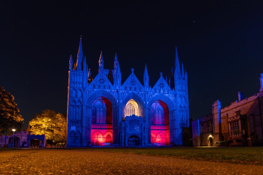 Peterborough Remembers VE Day 80 Cathedral Turned redwhite and blue - News for Peterborough and Cambridgeshire News for Peterborough and Cambridgeshire -