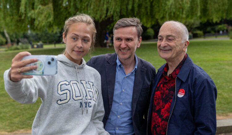 FILE PHOTO: Councillor Daisy Blakemore-Creedon with Peterborough Labour MP Andrew Pakes and Actor Tony Robinson.
Central Park, Peterborough
Tuesday 02 July 2024. 
Picture by Terry Harris.