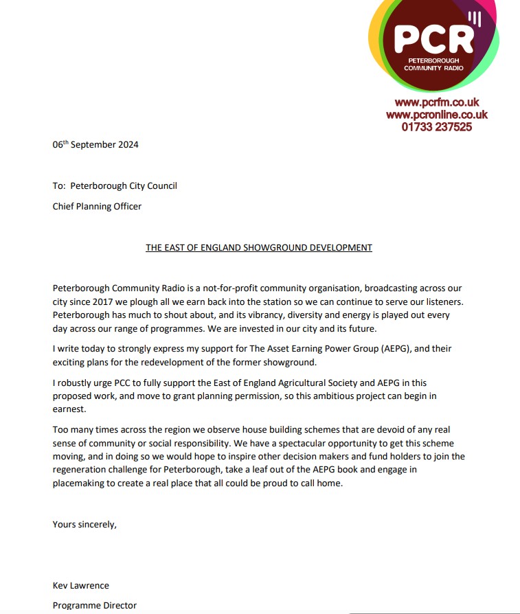 aepg - News for Peterborough and Cambridgeshire The letter, signed by station director Kev Lawrence who is also the station’s breakfast show presenter and an occasional BBC local radio presenter and sent on PCR FM headed paper, described the redevelopment as an “exciting opportunity” for Peterborough; He urged councillors to approve the plans. The letter was included in the official reports presented to the committee.