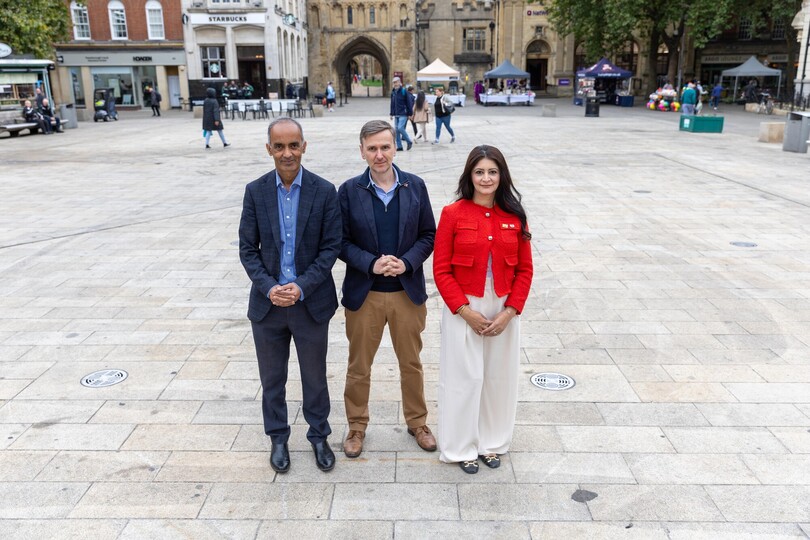 Peterborough MP Andrew Pakes, Deputy Leader Cllr Mohammed Farooq and Council Leader Cllr Shabina Qayyum,. City Centre, Peterborough. Friday 26 September 2025. Picture by Terry Harris.