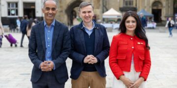 Peterborough MP Andrew Pakes, Deputy Leader Cllr Mohammed Farooq and Council Leader Cllr Shabina Qayyum,. City Centre, Peterborough. Friday 26 September 2025. Picture by Terry Harris.