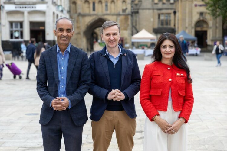 Peterborough MP Andrew Pakes, Deputy Leader Cllr Mohammed Farooq and Council Leader Cllr Shabina Qayyum,. City Centre, Peterborough. Friday 26 September 2025. Picture by Terry Harris.