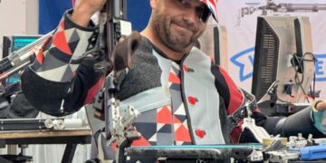 Whittlesey Rifle Club president and Paralympic gold medallist Matt Skelhon has returned to the top of the podium, winning gold at the Novi Sad WSPS Grand Prix in Serbia in August, setting a new British record. PHOTO: Matt Skelhon