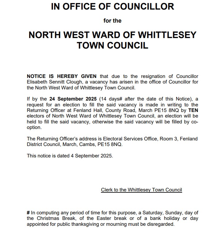 Just 4 months after her unsuccessful bid to become a county councillor, Elisabeth Sennitt Clough has resigned from both Fenland District Council and Whittlesey Town Council