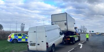 Cambridgeshire’s Rural Crime Action Team (RCAT) and Neighbourhood Policing Team (NPT) joined forces with Lincolnshire’s RCAT to carry out Operation Chambers on Tuesday (28 October), targeting motorists on the A16 which connects the two counties. Picture shows vehicle being seized.