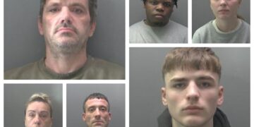 From left: David Chapamn, Tristian Vernon-Harriott, Keileigh Spencer. Bottom (from left): Michelle Bailey, Jonathan Stokes and Jesse Morgan-Smith. Part of a violent gang that lured victims online, kidnapped and blackmailed them out of thousands of pounds