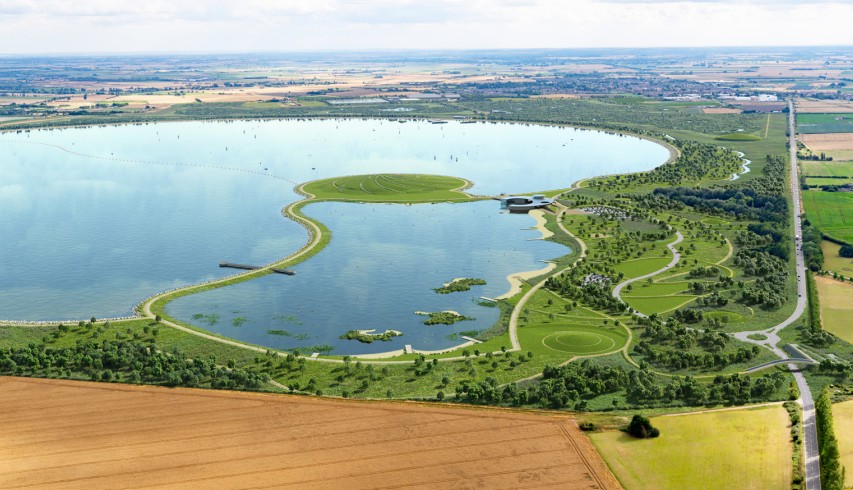 Aerial view from the north of the reservoir looking south over the Recreational Hub, with the A141 running parallel to the main reservoir site. For illustrative purposes only