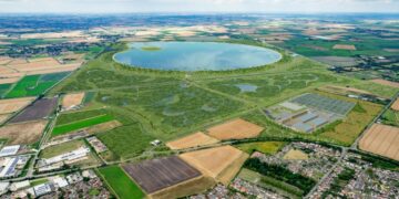 Aerial view from Chatteris, showing the A142 running along the southern boundary of the main reservoir site, and the A141 at the site’s western boundary. For illustrative purposes only