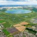 Aerial view from Chatteris, showing the A142 running along the southern boundary of the main reservoir site, and the A141 at the site’s western boundary. For illustrative purposes only