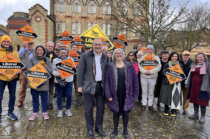 EDNA 2 - News for Peterborough and Cambridgeshire 2024 PCC campaign: Liberal Democrat Leader Ed Davey pictured with Liberal Democrat Cambridgeshire and Peterborough Police and Crime Commissioner Candidate Edna Murphy (Right)