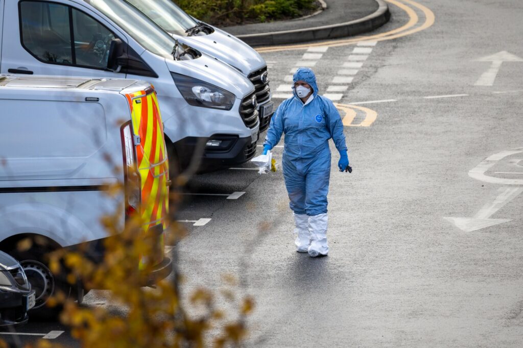 Forensics specialists at Huntingdon today 