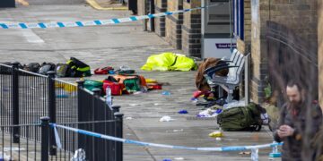 Police at the scene of last night’s stabbing at Huntingdon rail station. One man has been arrested on suspicion of attempted murder. Image: Terry Harris