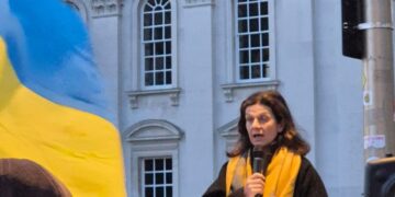 South Cambs council leader Cllr Bridget Smith speaks outside the Senate House in Cambridge earlier this year to mark the Ukraine war's third anniversary PHOTO: South Cambs Council