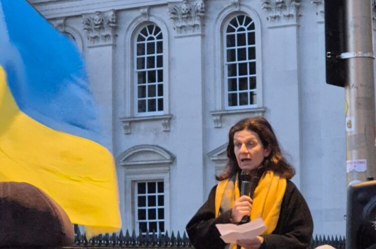 South Cambs council leader Cllr Bridget Smith speaks outside the Senate House in Cambridge earlier this year to mark the Ukraine war's third anniversary PHOTO: South Cambs Council