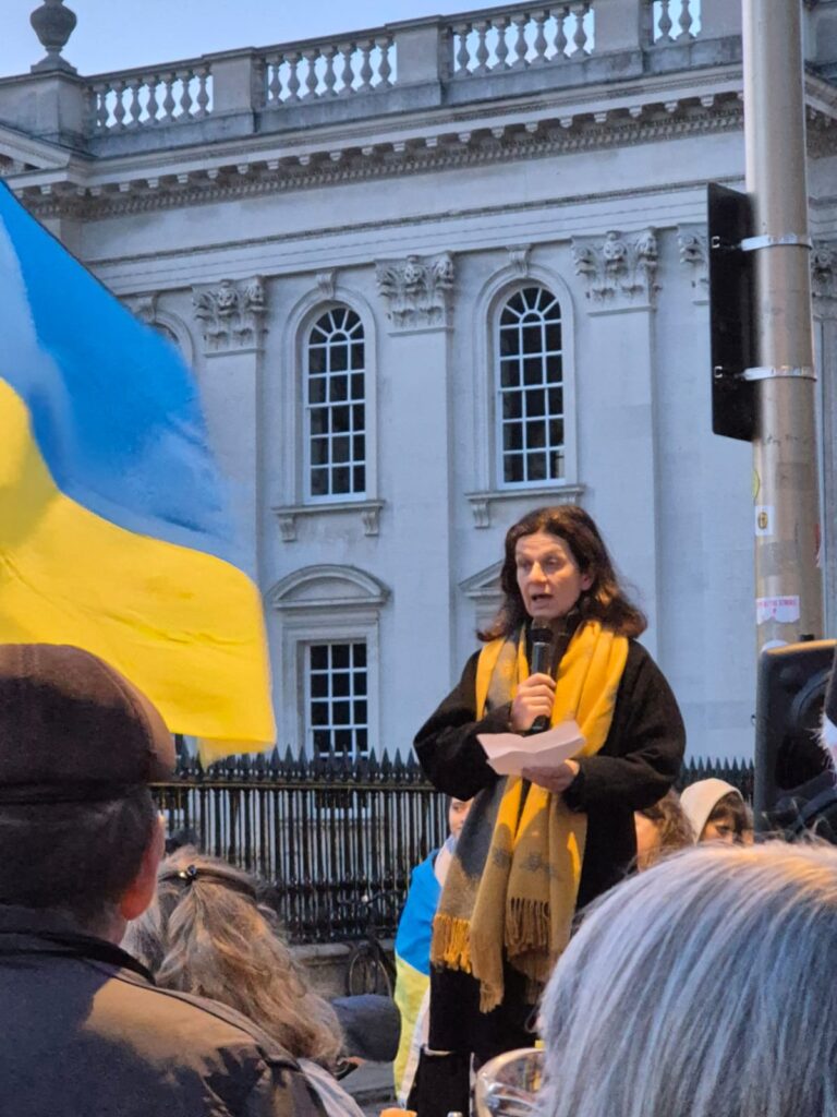 South Cambs council leader Cllr Bridget Smith speaks outside the Senate House in Cambridge earlier this year to mark the Ukraine war's third anniversary PHOTO: South Cambs Council 