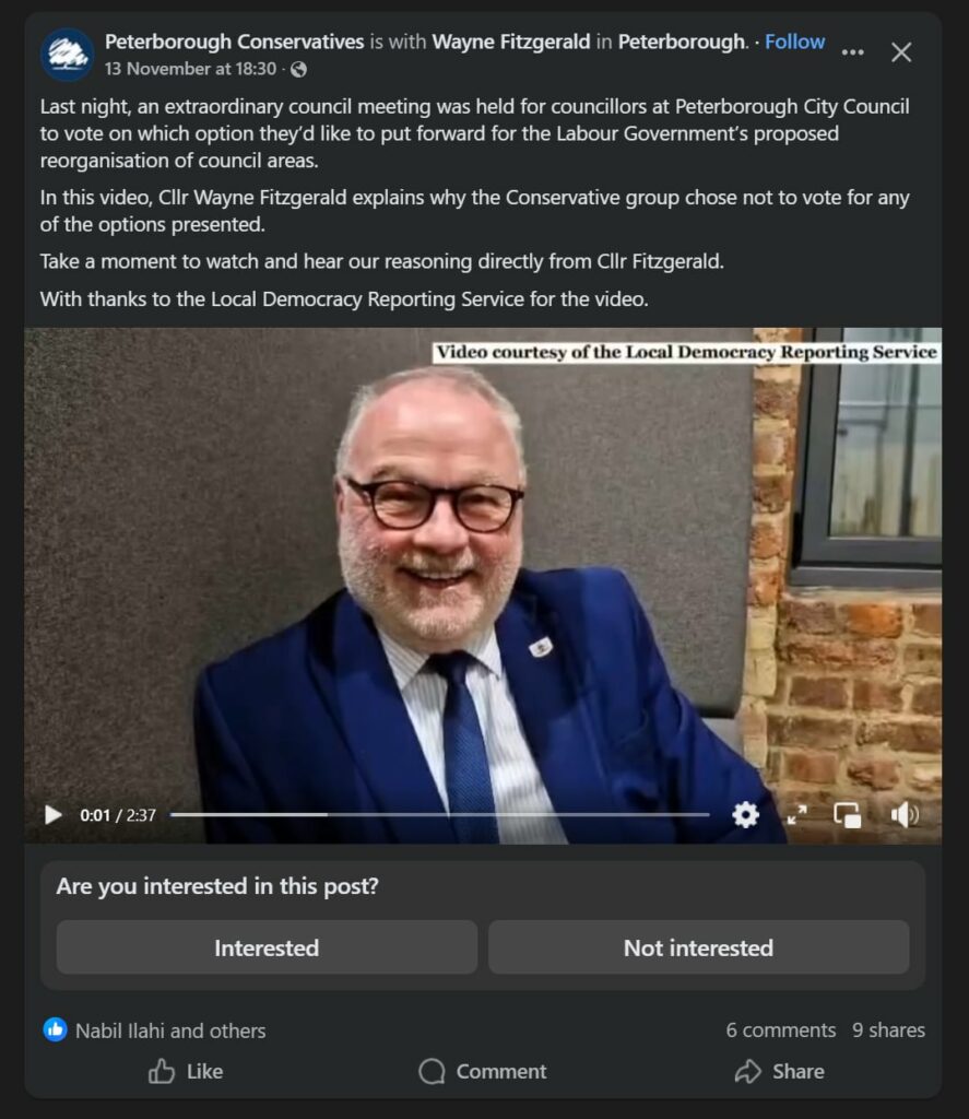 wayne 5 - News for Peterborough and Cambridgeshire CambsNews has invited the senior news editor of the BBC who oversees the Local Democracy Reporter scheme, to undertake a formal review of the Peterborough Conservatives’ recent use of Local Democracy Reporter (LDR) video content on their official Facebook page, which we believe constitutes a breach of the LDR scheme’s terms of use and undermines the principles of impartial public service journalism.