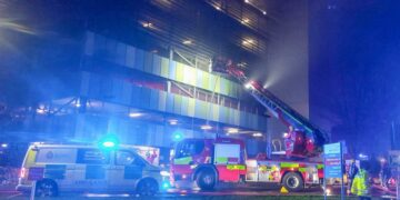 Fire damage visible on the second floor of Addenbrooke’s Hospital car park following Saturday evening’s blaze. Photo: BavMedia