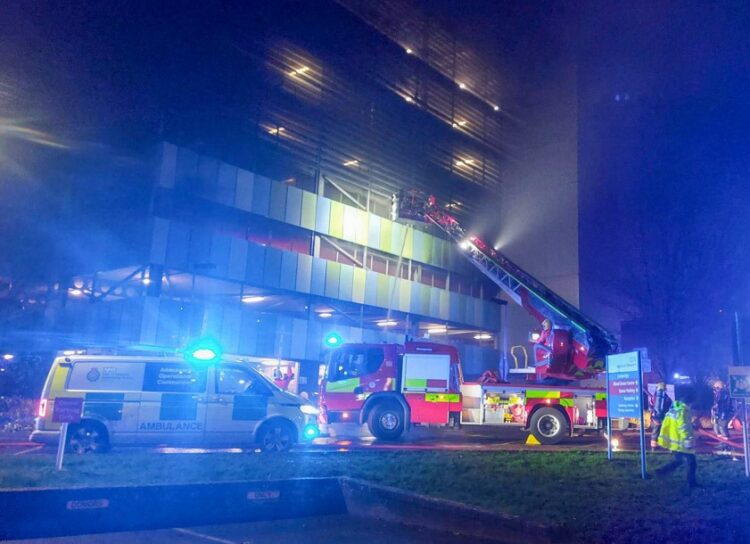 Fire damage visible on the second floor of Addenbrooke’s Hospital car park following Saturday evening’s blaze. Photo: BavMedia