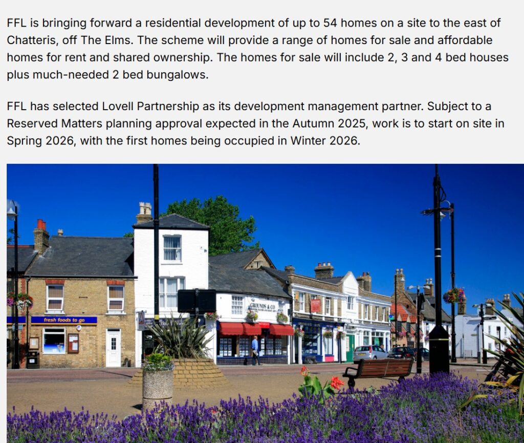 54 homes (originally 80) planned by Fenland District Council through its new development company Fenland Future Ltd. The land in question is nine acres at the eastern edge of Chatteris and is described as “informal grassland located east of The Elms and south of Green Park”.