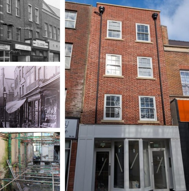 Images of 24 High Street, Wisbech through the Ages: 24 High Street, 2017 Credit: Taleyna Fletcher, 23-24 High St, c.1960s Credit: Geoff Hastings, High St, Late 19th Century, showing butchers on closest on the right Credit: Wisbech and Fenland Museum (ref MS 248), Fenland District Council.