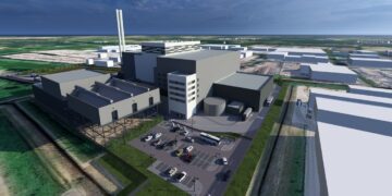 Artist impression of the MVV Energy from Waste Combined Heat and Power Facility, crediting it as: Courtesy of MVV Environment Ltd. (Image source: Weedon Architects)