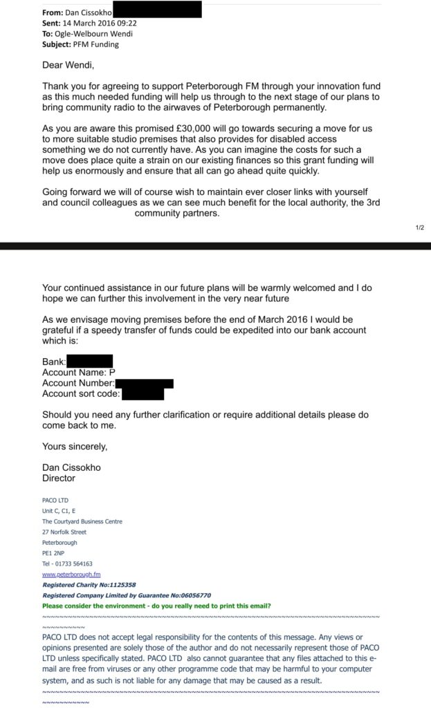 After considerable pressure from CambsNews, Freedom of Information requests to Peterborough City Council has uncovered a series of (redacted) emails covering the period in 2016 when £30,000 was given to PACO Ltd to help their local radio ambitions