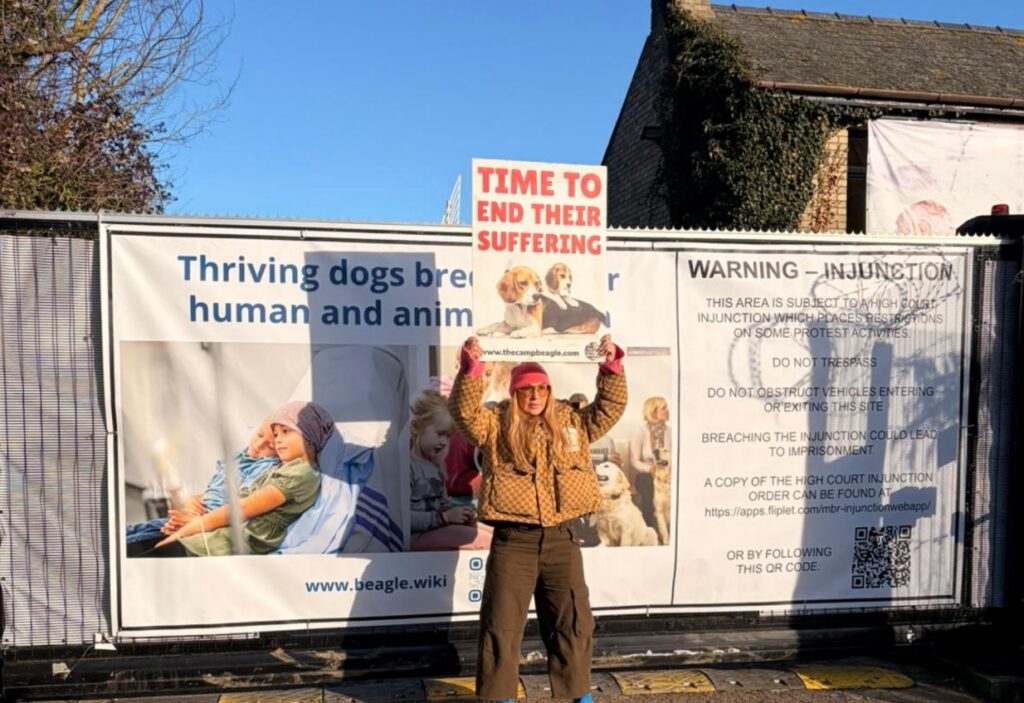 Campaigners at Camp Beagle welcomed author, columnist, and animal welfare advocate Meg Mathews,