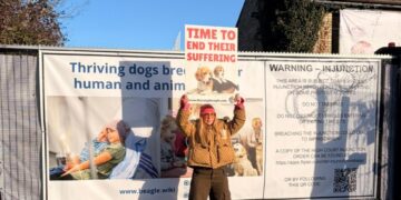 Campaigners at Camp Beagle welcomed author, columnist, and animal welfare advocate Meg Mathews,