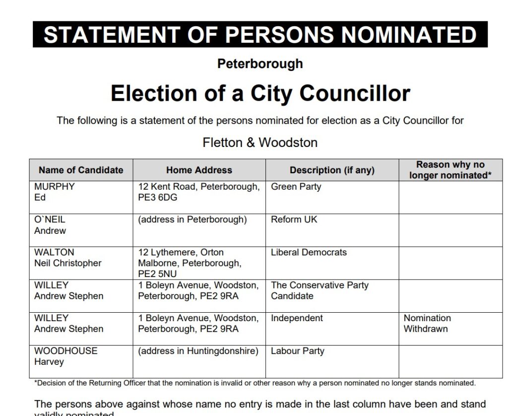 When Peterborough City Council published its official Statement of Persons Nominated for the first by election on January 16 to fill a vacancy, eagle-eyed observers noticed something peculiar: Andrew Stephen Willey, a familiar name in local politics, appeared twice on the list.