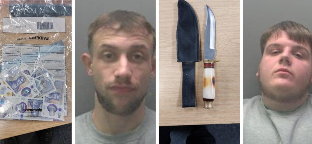 Custody images of Stanley Rose and Isiah Thurston along with photographs of the knife and cash recovered.