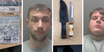 Custody images of Stanley Rose and Isiah Thurston along with photographs of the knife and cash recovered.