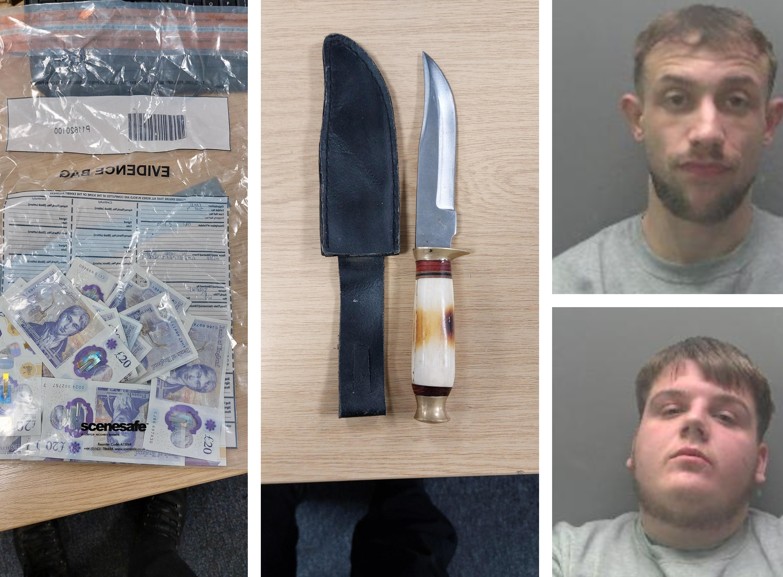 Custody images of Stanley Rose and Isiah Thurston along with photographs of the knife and cash recovered.