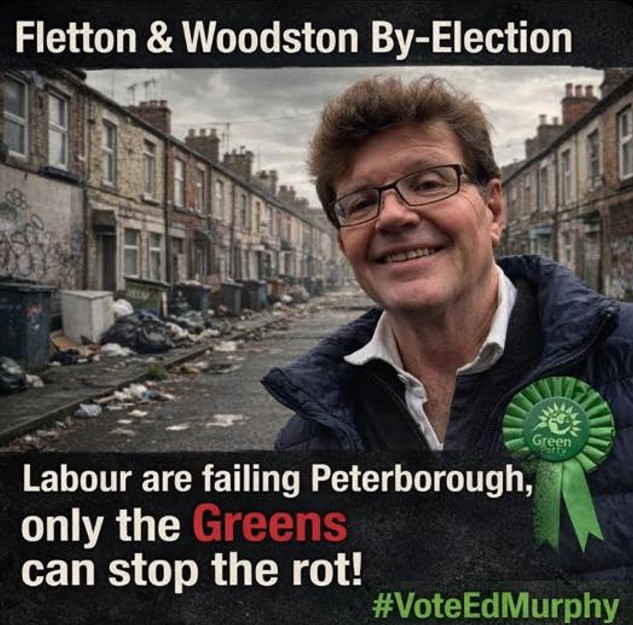Labour has called for Ed Murphy, the Green Party candidate in the Fletton and Woodston by-election, to apologise for using this AI generated images of a rubbish strewn street to represent Fletton and Woodston during his campaign