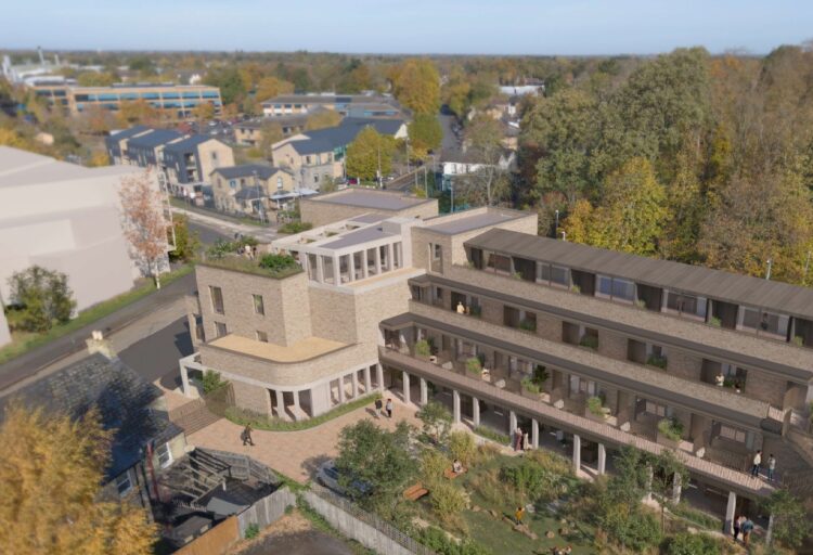 Kendal Court redevelopment in Impington proposes just four car parking spaces for 28 flats, prompting objections from Impington Parish Council over overspill parking despite the site’s location beside the guided busway. IMAGE: Greater Cambridge Shared Planning