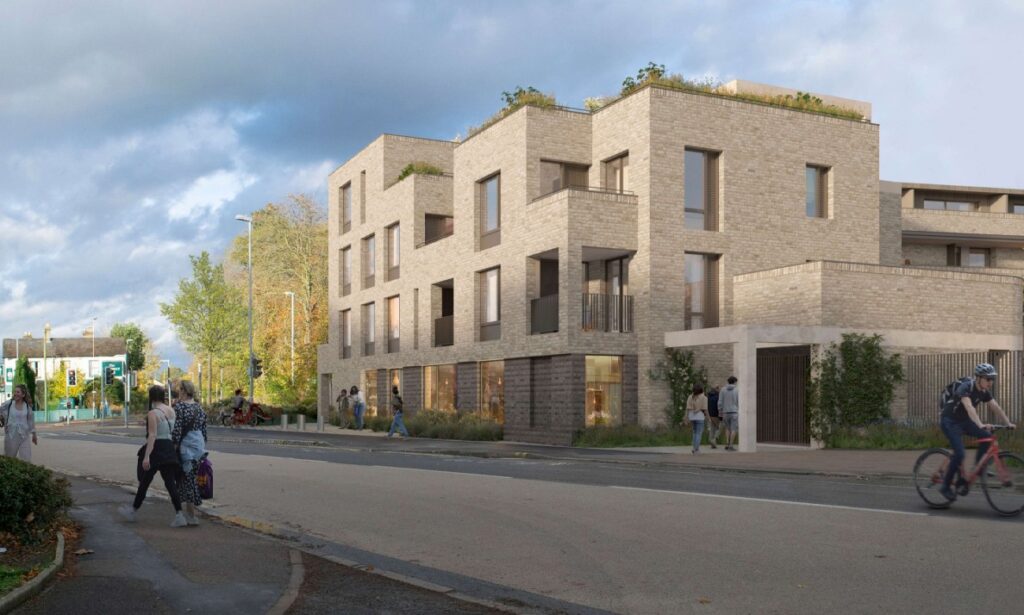 Kendal Court redevelopment in Impington proposes just four car parking spaces for 28 flats, prompting objections from Impington Parish Council over overspill parking despite the site’s location beside the guided busway. IMAGE: Greater Cambridge Shared Planning