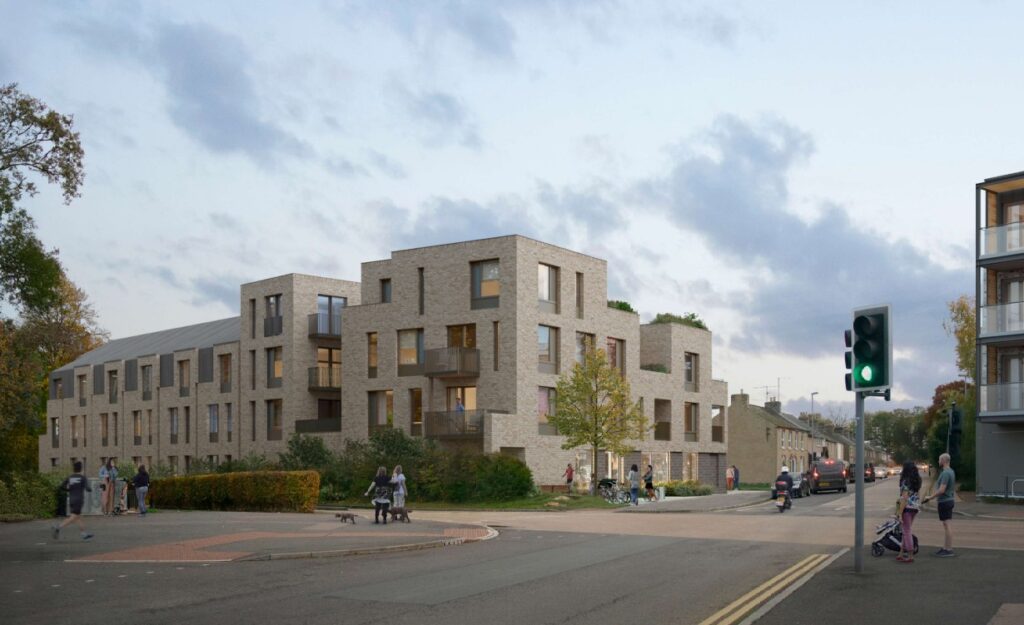 Kendal Court redevelopment in Impington proposes just four car parking spaces for 28 flats, prompting objections from Impington Parish Council over overspill parking despite the site’s location beside the guided busway. IMAGE: Greater Cambridge Shared Planning