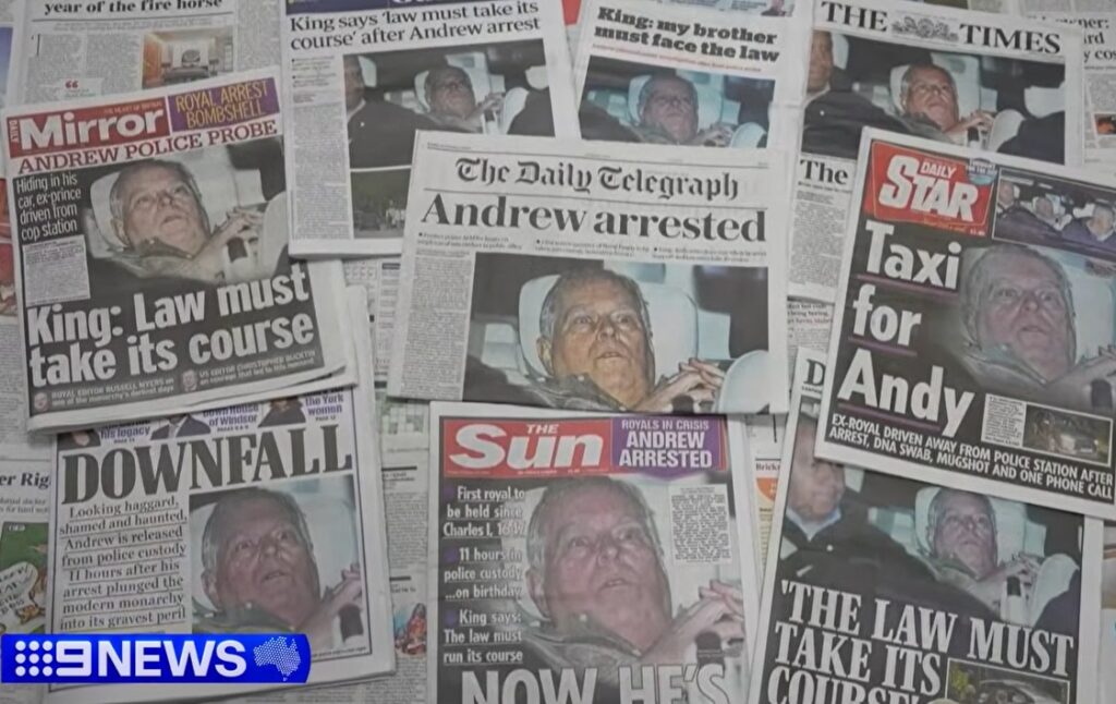 Peterborough photographer Terry Harris scoops global media with exclusive Sandringham arrest images of Andrew Mountbatten-Windsor before Reuters captures the defining custody departure shot. Montage of British newspapers shown to viewers of Channel 9 News Australia
