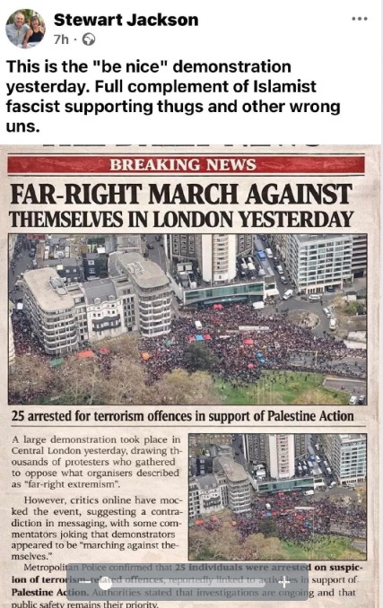 Offensive Tweet: The now-deleted tweet by Baron Stewart Jackson, which described an anti-far-right demonstration as featuring a “full complement of Islamist Fascist supporting thugs and other wrong uns,” has drawn widespread condemnation.