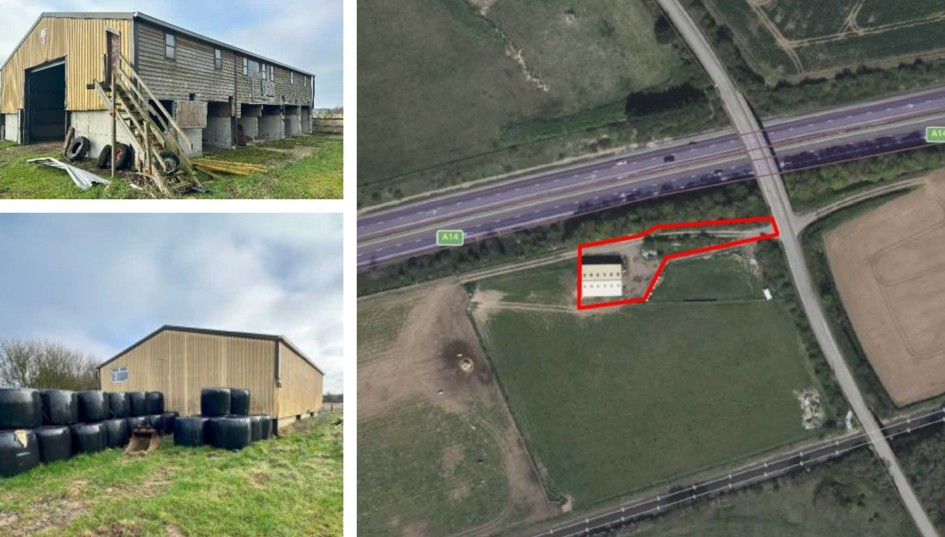 Plans to convert a barn beside the A14 into two homes have been rejected after planners ruled future residents would have to keep their windows shut to escape traffic noise. Images show site and barn. CREDIT: East Cambridgeshire District Council planning portal